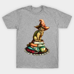 Witchy Cat with Books and Magic Skull and Tea T-Shirt